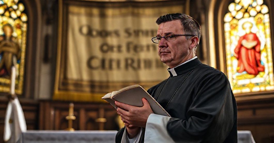 Ksiądz w tradycyjnym ornamentach stoi przed ołtarzem z zamkniętym misalem, symbolizując walkę z modernistycznymi błędami w nauczaniu katolickim