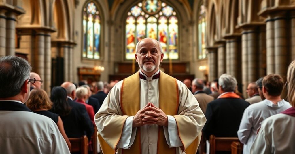 Ksiądz w tradycyjnej szacie liturgicznej odprawiający Tridentyńską Mszę świętą ad orientem w historycznym kościele we Francji, otoczony czcicielami.