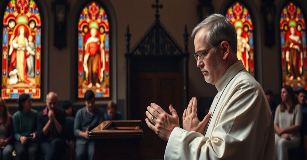 Ksiądz w tradycyjnych szatach kapłańskich modli się przed spowiedzią w kościele, podczas gdy rodzice i młodzież siedzą w ciemnym kościele, wyglądając na smutnych i skruszonych.