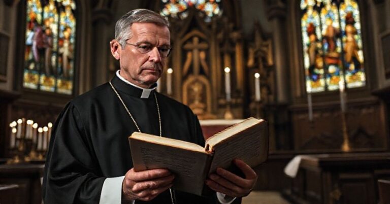 Tradycyjny ksiądz katolicki w sutannie i surpelu stoi przed ołtarzem z Biblią w ręku, skupiony na tekście z Drugiego Listu do Koryntian.