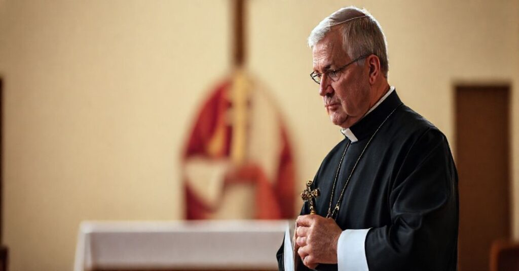 Tradycyjny ksiądz katolicki w sutannie trzymający krucyfiks, patrzący na rozmyte obrazy ekumenizmu - symbol walki z modernistyczną herezją dialogu międzyreligijnego.