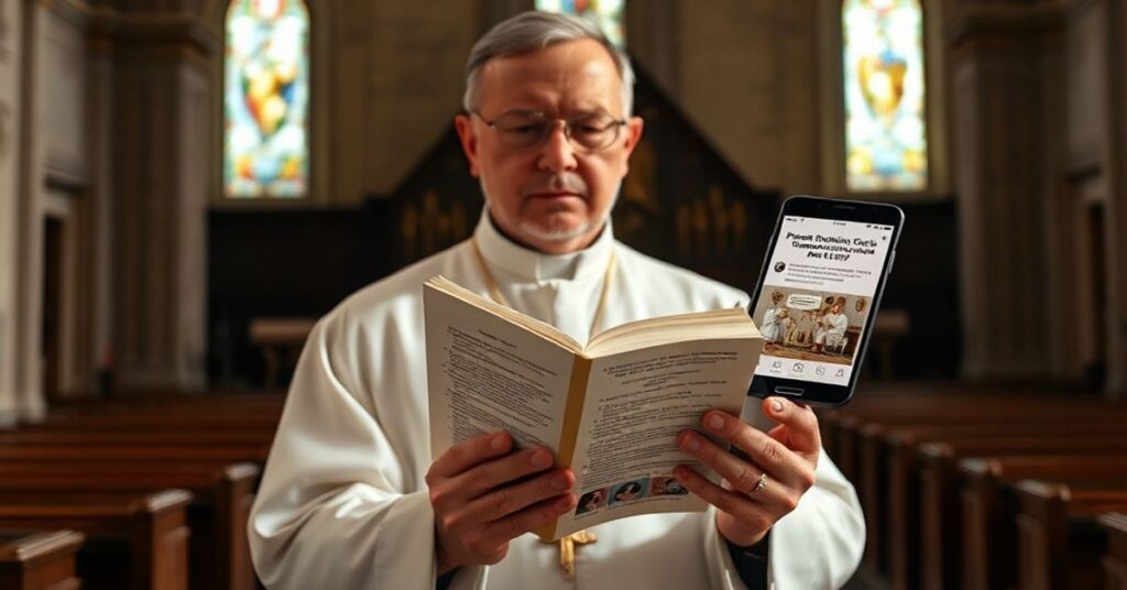 Katolicki ksiądz w tradycyjnym sutannie trzyma książkę Pascendi Dominici Gregis przed ekranem telefonu z medialnymi wiadomościami