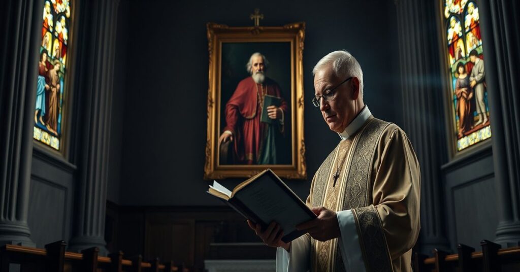 Ksiądz w tradycyjnym stroju liturgicznym przy ambonie w starożytnym kościele z Biblią i rękopisem homilii, z portretem Leon XIV na tle.