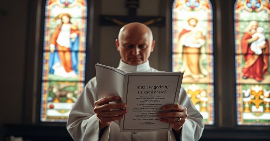 Ksiądz katolicki w tradycyjnym stroju stoi w ciemnym kościele przed krzyżem, trzymając przewodnik "Teraz i w godzinę śmierci naszej" wydany przez New York State Catholic Conference.