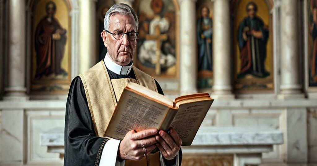 Ksiądz w tradycyjnym stroju liturgicznym trzyma podartą książkę katechizmu przed pustym modernistycznym ołtarzem
