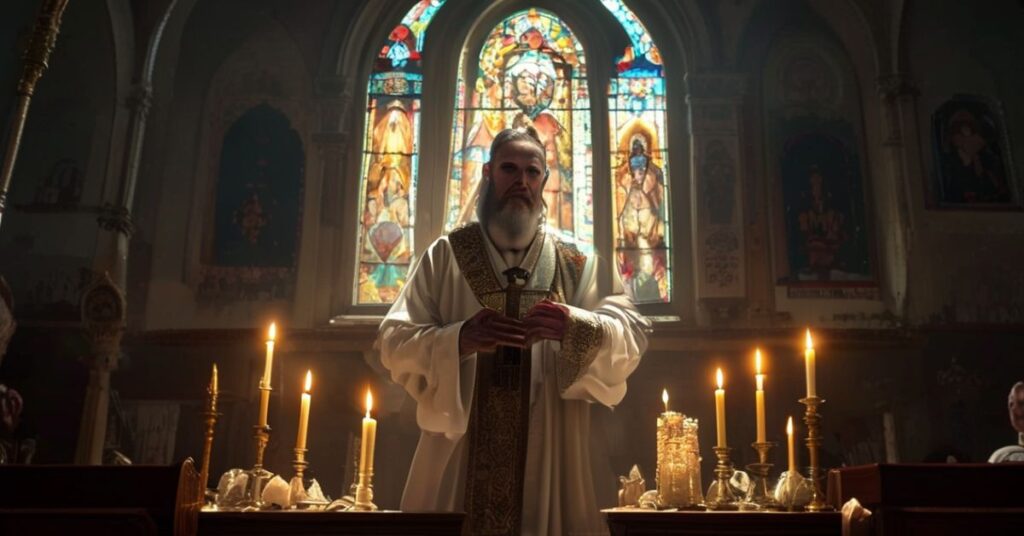 Pozwól tradycyjny katolicki ksiądz w szatach liturgicznych stoi w słabo oświetlonym kościele, trzymając krucyfiks. Na tle witraż przedstawiający Chrystusa Króla symbolizuje porzuconą boską władzę nad narodami. Ołtarz ozdobiony jest świecami i przedmiotami religijnymi, podkreślając duchowy konflikt z nowoczesną apostazją.