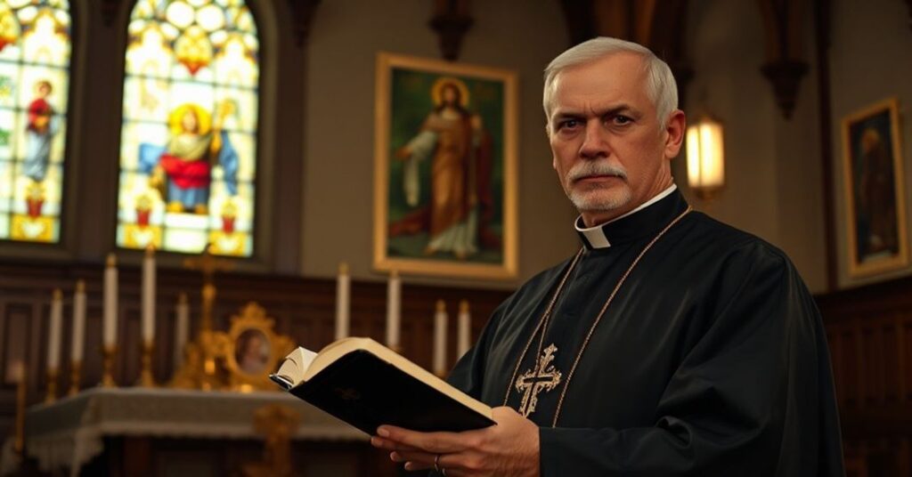 Ksiądz w tradycyjnych Habitach stoi w ciemnym kościele z witrażami rzucającymi delikatne światło. Trzyma Biblię i patrzy z powagą na widza.