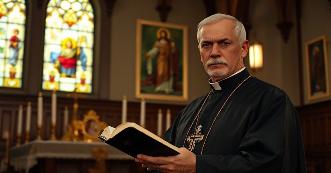 Ksiądz w tradycyjnych Habitach stoi w ciemnym kościele z witrażami rzucającymi delikatne światło. Trzyma Biblię i patrzy z powagą na widza.