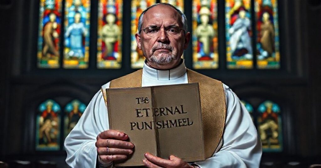 Prawdziwy ksiądz katolicki w tradycyjnym stroju liturgicznym trzyma książkę o wiecznym potępieniu w ciemnym kościele z witrażami przedstawiającymi sprawiedliwość i miłosierdzie