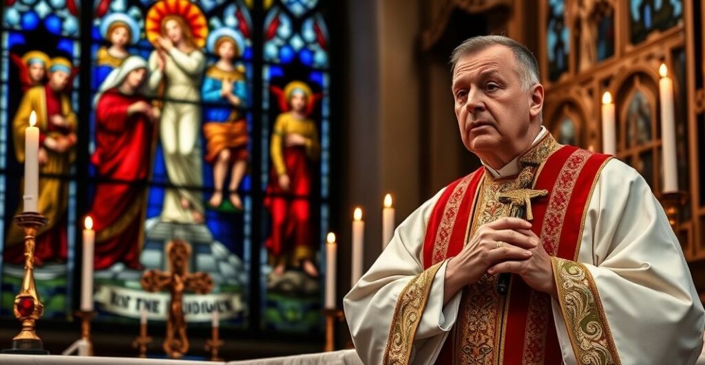 Tradycyjny ksiądz katolicki w ornatach przed ołtarzem z krzyżem, podkreślający poważność zbawienia i zagrożenie modernistycznym relativizmem.