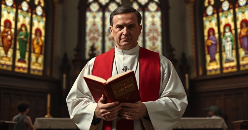 Tradycyjny ksiądz katolicki przed ołtarzem, trzymający katechizm i wyraz twarzy pełen troski o ideologiczne zagrożenia w edukacji katolickiej