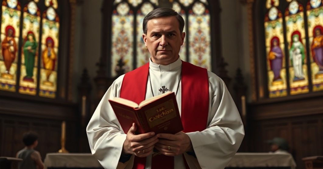 Ksiądz katolicki przed ołtarzem - refleksja nad współczesnymi ideologiami Tradycyjny ksiądz katolicki przed ołtarzem, trzymający katechizm i wyraz twarzy pełen troski o ideologiczne zagrożenia w edukacji katolickiej