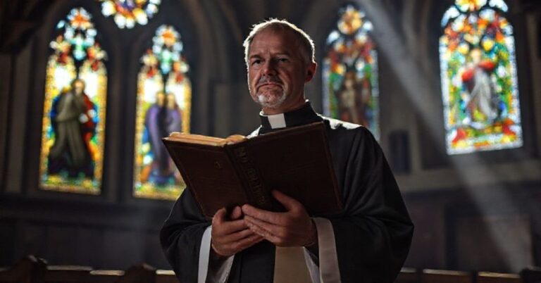 Ksiądz w tradycyjnym ornacie stoi w ciemnej kaplicy z książką prawa kanonicznego na rękach. Światło wpada przez witraże z wizerunkami świętych.