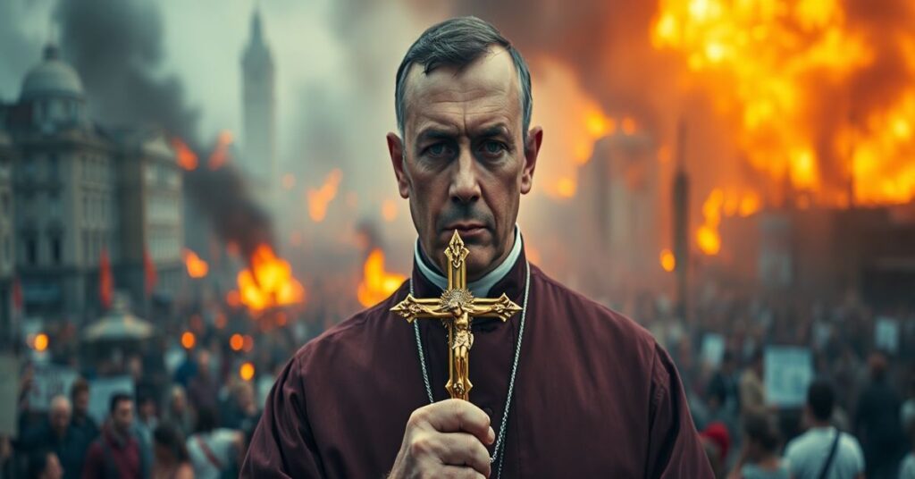 Ksiądz w tradycyjnym ornaty trzymając krzyż przed palącym się miastem