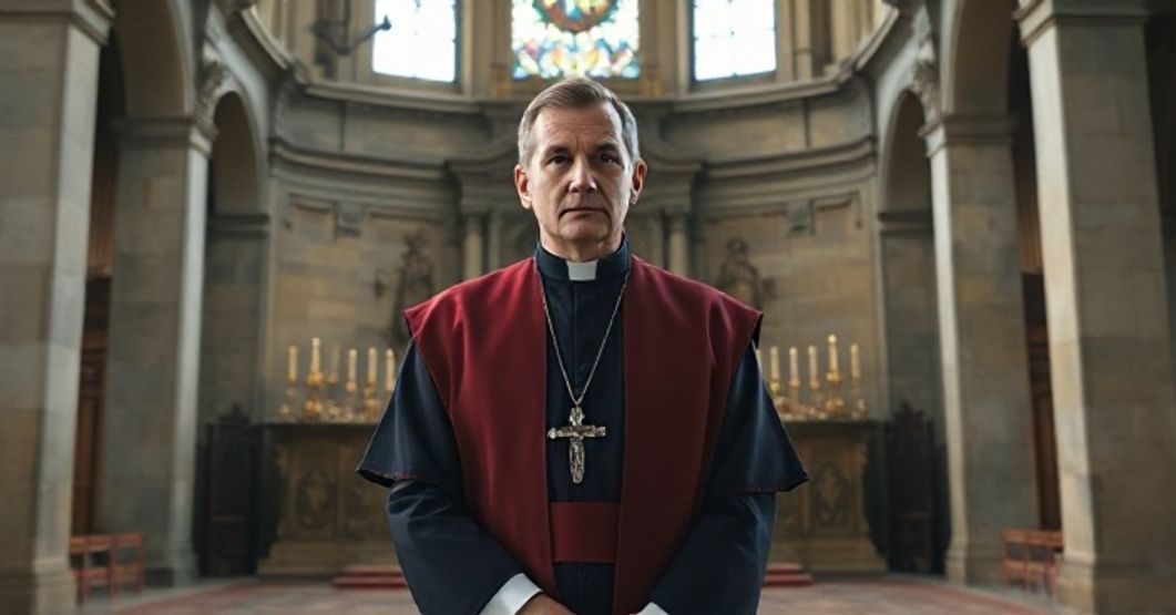 Ksiądz w tradycyjnych szatach stojący przed ołtarzem w historycznej, katolickiej świątyni, symbolizujący powagę i wierność wierze