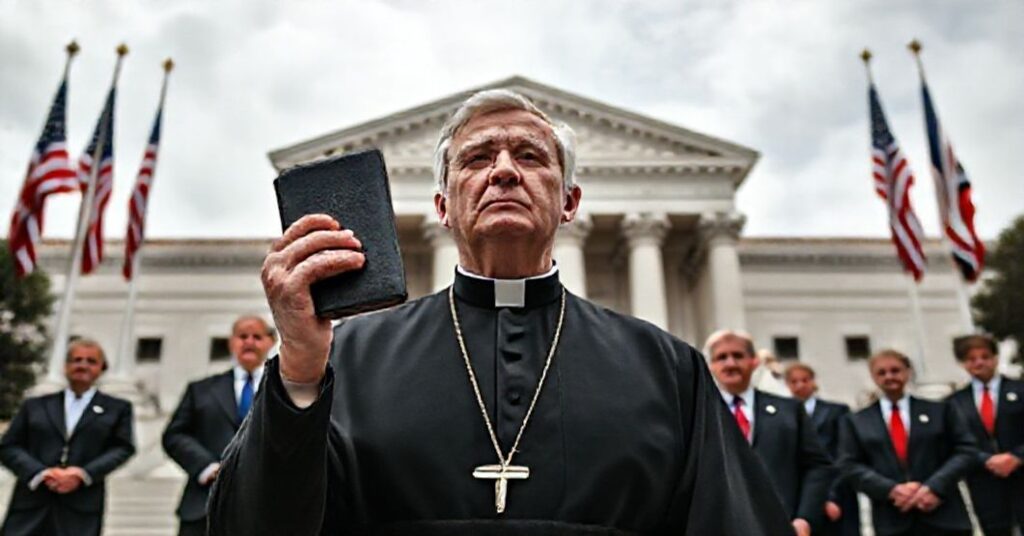 Ksiądz w tradycyjnym ornaty stoi przed budynkiem rządu, trzymając Biblię przed politykami, w tym Donaldem Trumpem i Ronem DeSantisem.