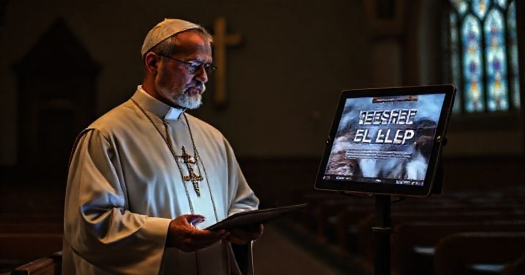 Ksiądz katolicki w tradycyjnym ornacie stoi w kaplicy z krzyżem, patrzący z troską na reklamę wellnessu