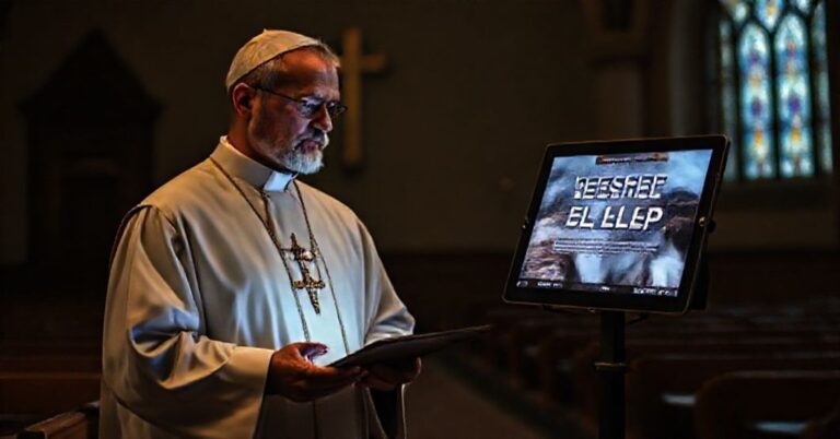 Ksiądz katolicki w tradycyjnym ornacie stoi w kaplicy z krzyżem, patrzący z troską na reklamę wellnessu