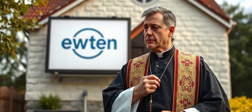 Ksiądz katolicki w tradycyjnym szacie liturgicznej stojący przed kościołem w Szwecji z brewiarzem w ręku, z tłem reklamy EWTN