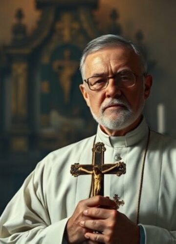 Ksiądz w tradycyjnym stroju z krucyfiksem i tłem zamkniętego tabernakulum Ksiądz w tradycyjnym stroju stojący w ciemnym kościele z krucyfiksem w ręce i tłem zamkniętego tabernakulum. Na tle widoczne są rozmyte postaci animowanych superbohaterów z kampanii 'Misyjni Superbohaterzy'.