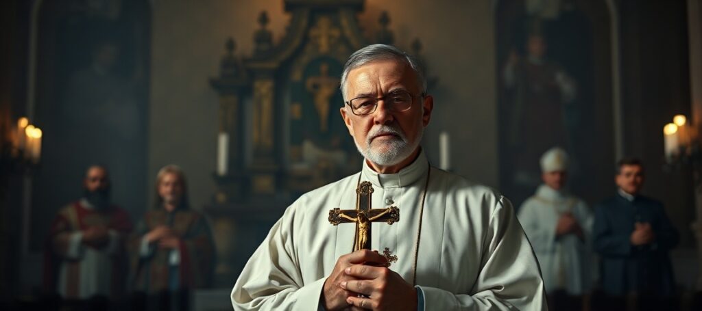 Ksiądz w tradycyjnym stroju stojący w ciemnym kościele z krucyfiksem w ręce i tłem zamkniętego tabernakulum. Na tle widoczne są rozmyte postaci animowanych superbohaterów z kampanii 'Misyjni Superbohaterzy'.