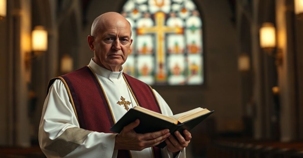 Ksiądz w tradycyjnym stroju liturgicznym trzymający zamknięte Pismo Święte w ciemnym wnętrzu kościoła, symbolizujący odrzucenie nauki katolickiej przez współczesne korporacje.