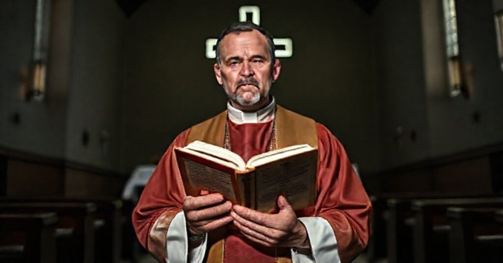 Ksiądz w tradycyjnym stroju kościelnym trzyma katechizm w zabytkowej kościele, symbolizując walkę o wiarę przed modernistycznym ołtarzem