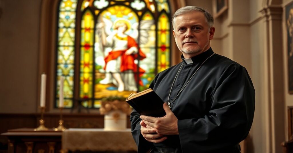 Ksiądz w tradycyjnym sutanach stojący przed ołtarzem z Biblią w ręku, na tle witraża z Archaniołem Michaelem walczącym ze smokiem.