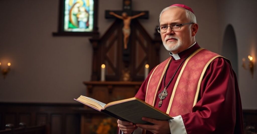 Ksiądz w tradycyjnych szatach liturgicznych stoi przed amboną w kościele, trzymając otwartą Biblię. Tło przedstawia witraż z Świętą Rodziną. Scena oddaje powagę i świętość życia.