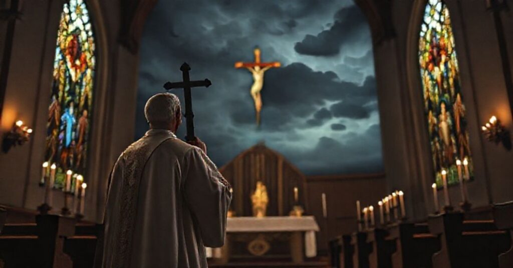 Ksiądz katolicki w tradycyjnych szatach liturgicznych trzyma krzyż w ciemnym kościele z widokiem burzowego nieba.