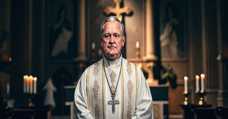 Serdeczny portret tradycyjnego księdza w szatach liturgicznych przed ołtarzem, symbolizujący prawdziwą katolicką miłość i naukę