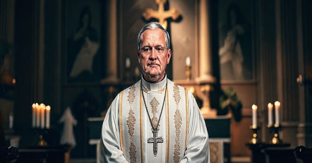 Serdeczny portret tradycyjnego księdza w szatach liturgicznych przed ołtarzem, symbolizujący prawdziwą katolicką miłość i naukę