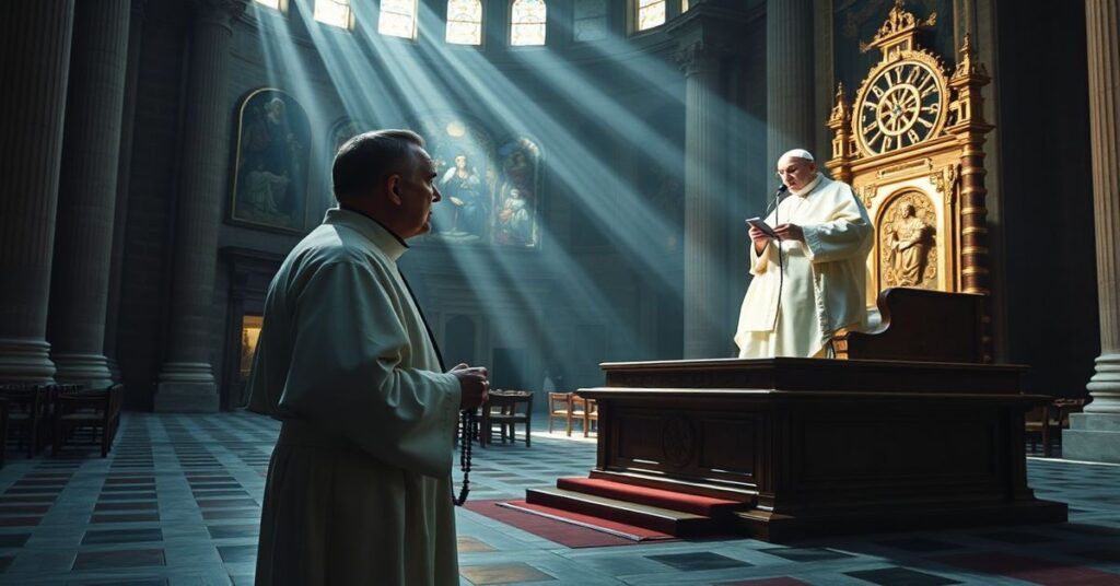 Ksiądz tradycyjny stojący w pustej bazylice św. Piotra z modlitewnikiem w ręku