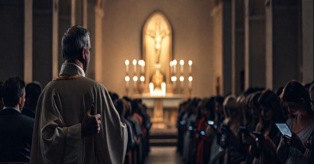 Tradacyjny ksiądz w szatach liturgicznych stoi przed zborem w ciemnym kościele, trzymający krzyż. Wyraz twarzy wyraża troskę i smutek. W tle słabo widoczny jest tabernakulum otoczony świecami.