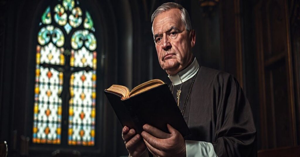 Tradycyjny ksiądz katolicki w kaplicy z biblią, symbolizujący wierność nauce katolickiej