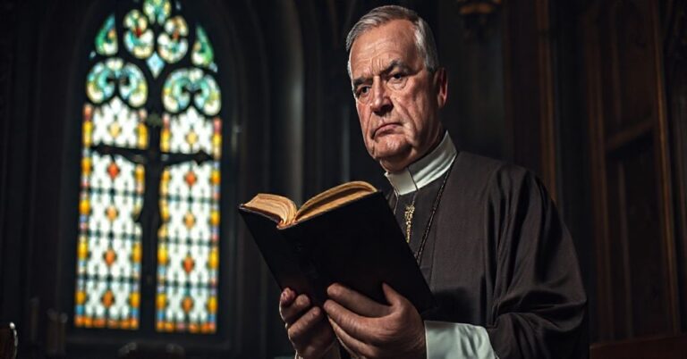 Tradycyjny ksiądz katolicki w kaplicy z biblią, symbolizujący wierność nauce katolickiej