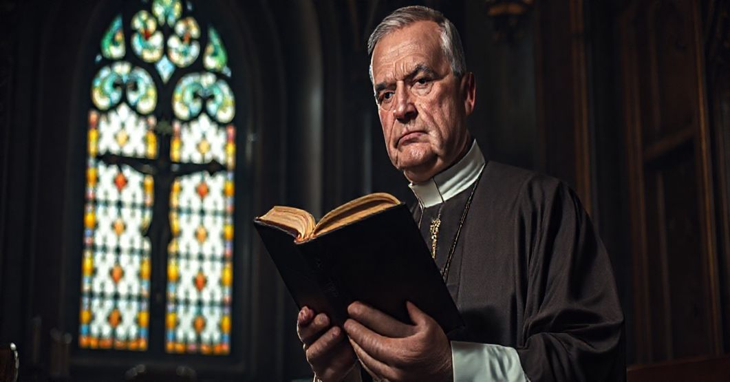 Tradycyjny ksiądz katolicki w kaplicy z biblią, symbolizujący wierność nauce katolickiej