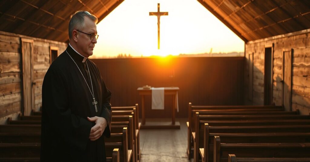 Tradycyjny ksiądz w czarnej sutannie modli się w prostym kościele na wsi w Teksasie na tle zachodu słońca