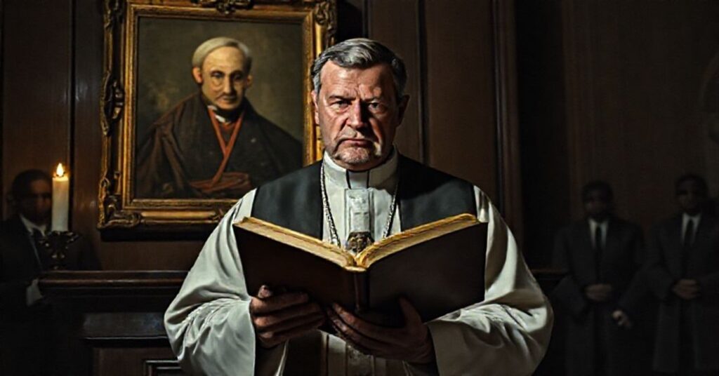 Tradycyjny ksiądz w stroju liturgicznym stoi przed amboną z Biblią w ręku, wyrazem troski na twarzy. W tle wisząca nieprawidłowo portret kardynała nowoczesnego symbolizuje upadek tradycyjnej władzy. Scena wyraża głęboki niepokój duchowy i walkę o zachowanie katolickiej prawdy wśród współczesnych zdrad.