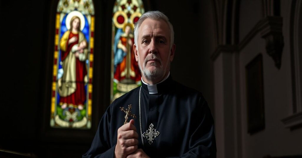 Ksiądz w tradycyjnym ornaty stoi w ciemnym kościele z krzyżem, przed witrażem przedstawiającym Świętą Rodzinę, wyrażając smutek i powołując do walki z legalizacją aborcji w Wielkiej Brytanii.