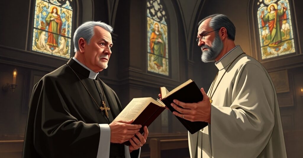 Ksiądz w tradycyjnym stroju liturgicznym stoi w świetlisku zabytkowej kaplicy, trzymając zamkniętą Biblię. Jego twarz jest poważna i troskliwa, podczas gdy współczesny jezuita gestykuluje lekceważąco. Scena podkreśla konflikt między tradycyjną wiarą a modernistyczną teologią.