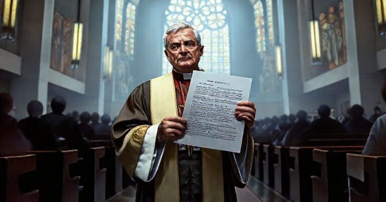 Tradycyjny ksiądz w liturgicznych szatach stoi w nowoczesnym kościele modernistycznym z listem protestacyjnym przeciwko "synodalnemu kościołowi"