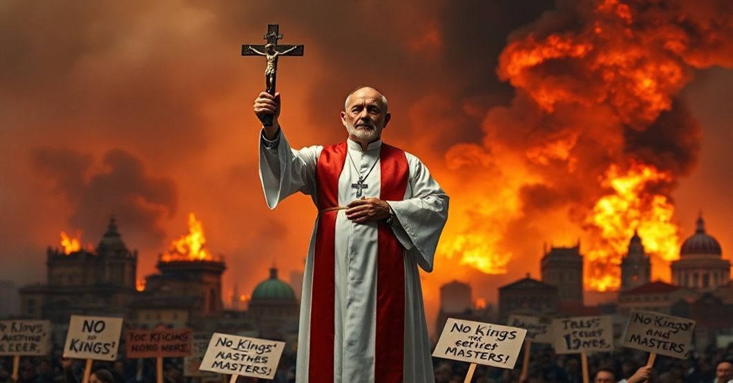 Ksiądz katolicki trzymający krucyfiks w obronie porządku Bożego przed anarchistycznym chaosem