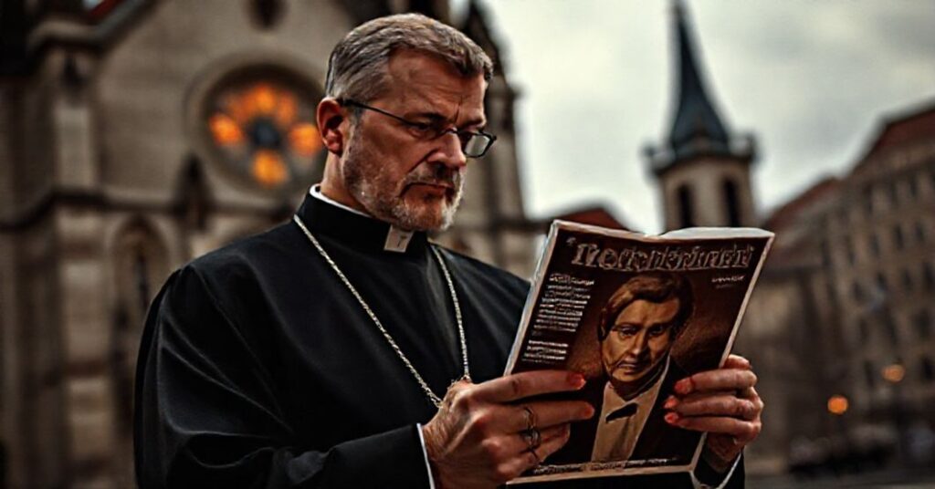 Katolicki ksiądz w smutku trzyma numer Tygodnika Powszechnego z artykulem o Jamesie Baldwinzie przed kościołem