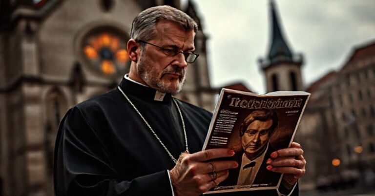 Katolicki ksiądz w smutku trzyma numer Tygodnika Powszechnego z artykulem o Jamesie Baldwinzie przed kościołem