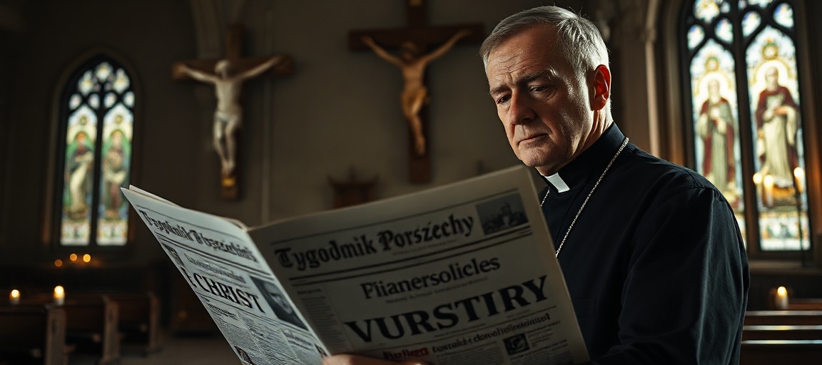 Ksiądz i Tygodnik Powszechny - milczenie o Chrystusie Królu Ksiądz w tradycyjnym kościele katolickim trzymający egzemplarz Tygodnika Powszechnego z głową pochyloną w smutku za brakiem Chrystusa Króla w mediach