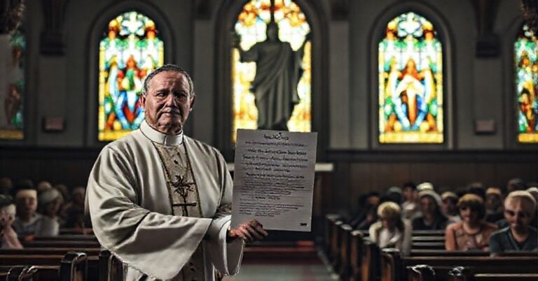 Ksiądz w tradycyjnym habitach przed posągiem Chrystusa-Króla trzyma dokument ujawniający finansowanie organizacji UWA przez CCHD.