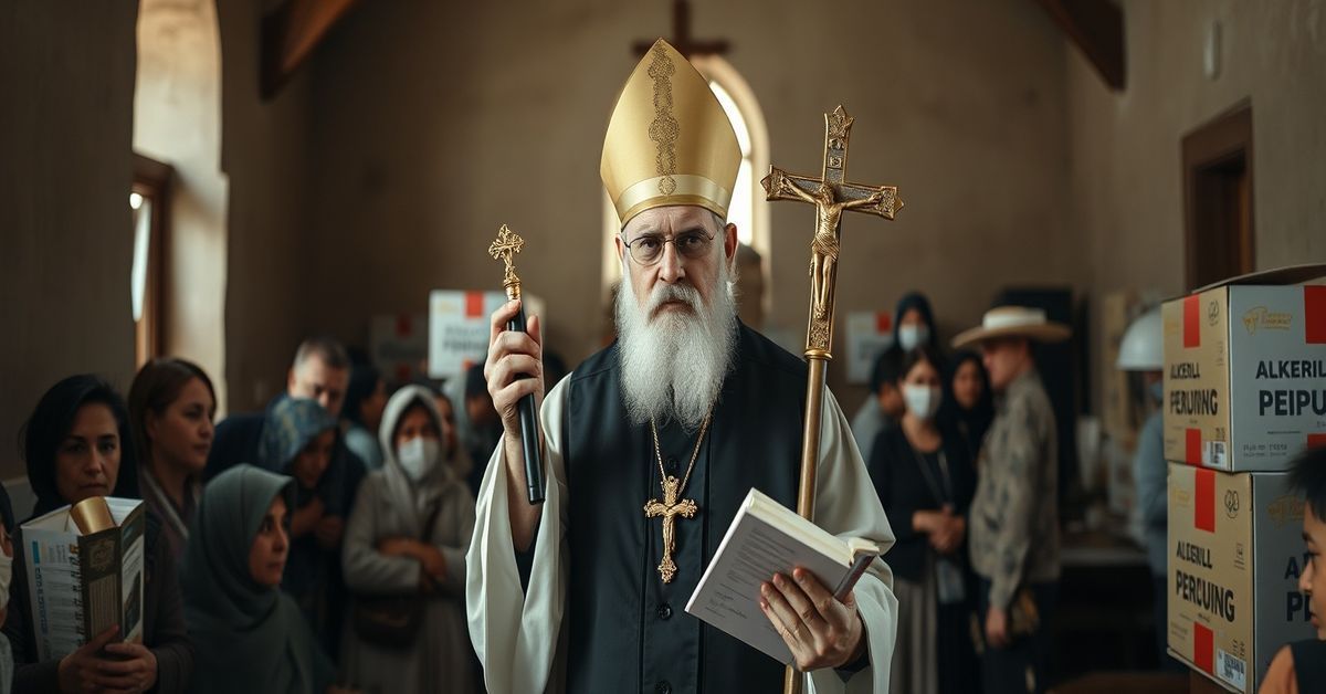 Ksiądz i ukraińscy uchodźcy - prawdziwa pomoc duchowa Tradycyjny ksiądz w kościele z ukraińskimi uchodźcami, trzymający krzyż i księgi święte