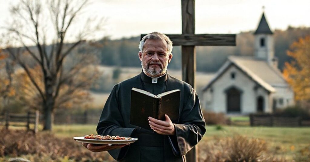 Ksiądz w stroju liturgicznym przed krzyżem z widokiem na średniowieczną świątynię na tle