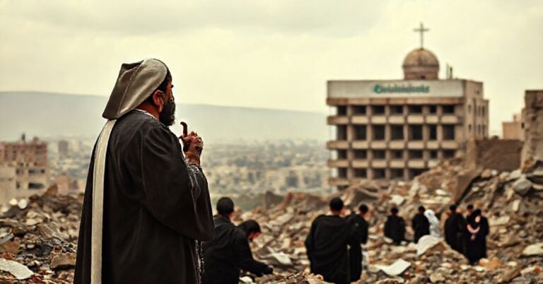 Ksiądz w tradycyjnym habitacie modli się w zniszczonym Bejrucie na tle cierpiących cywilów